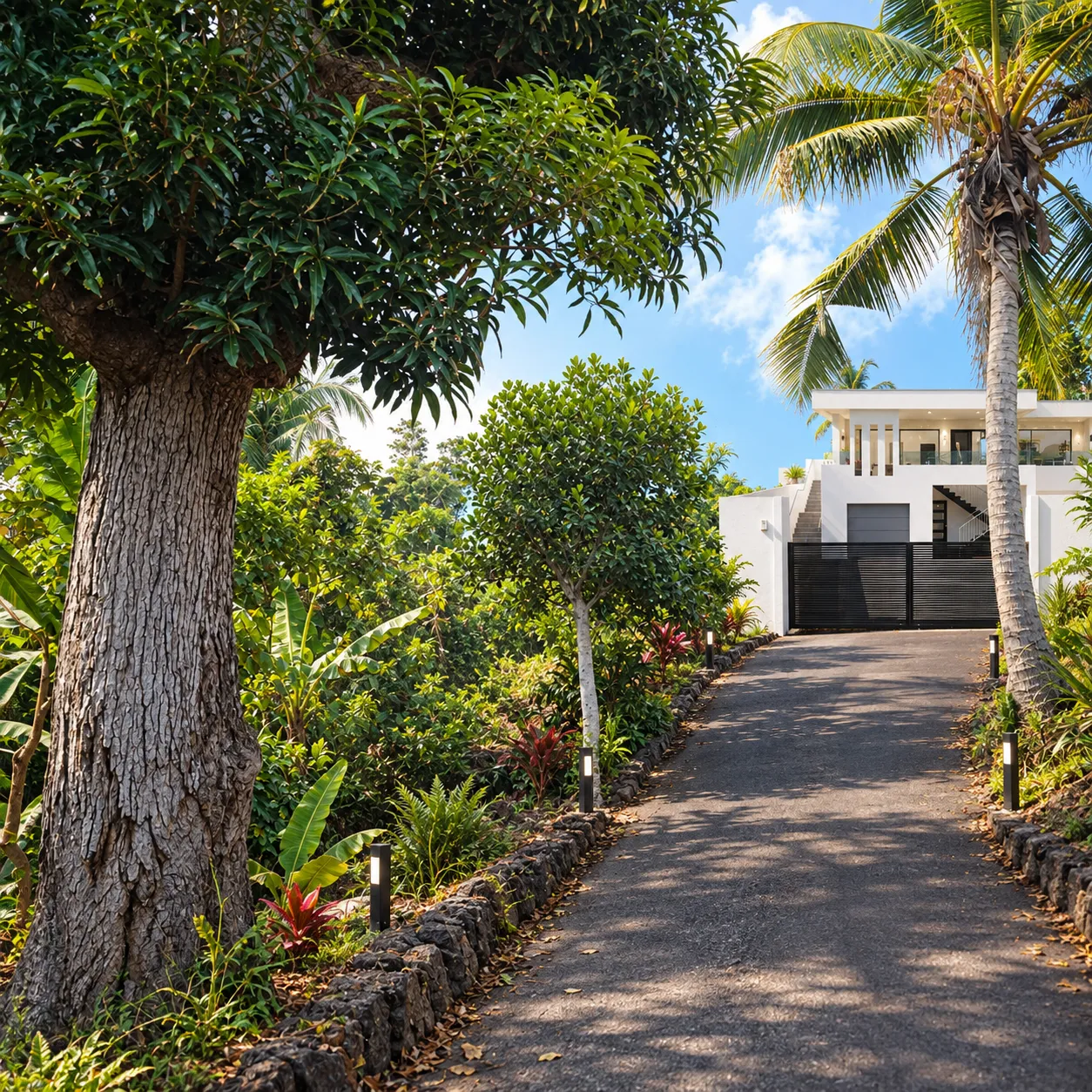 Maison blanche contemporaine au bout d’une allée bordée de pierre volcanique, de bananiers et de cocotiers